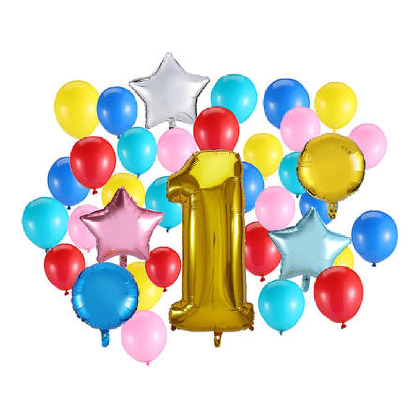 "1st Birthday" Star/Round Satin Foil Balloon Set, Multicolor, 32-pk for Party