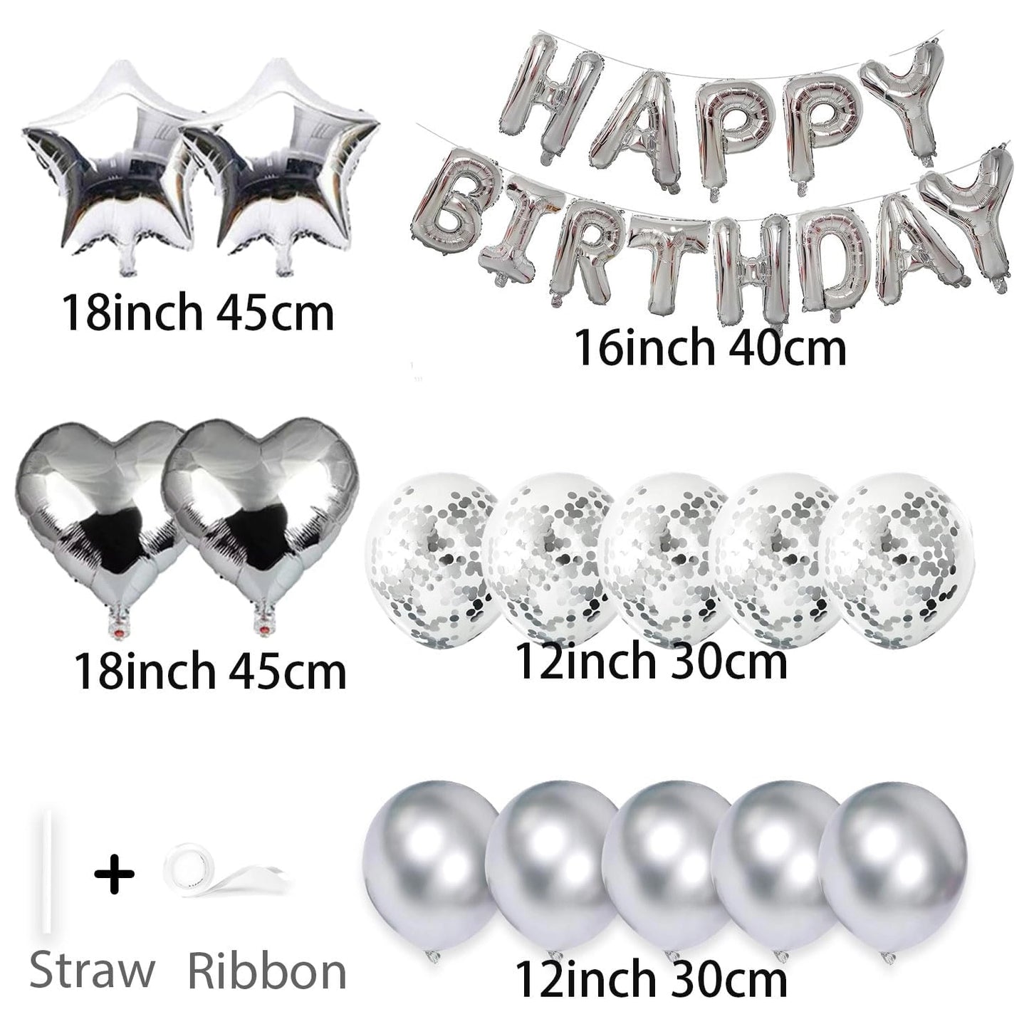 Happy Birthday Foil Balloon Banner Kit Confetti set | Pack of 27pcs, Silver