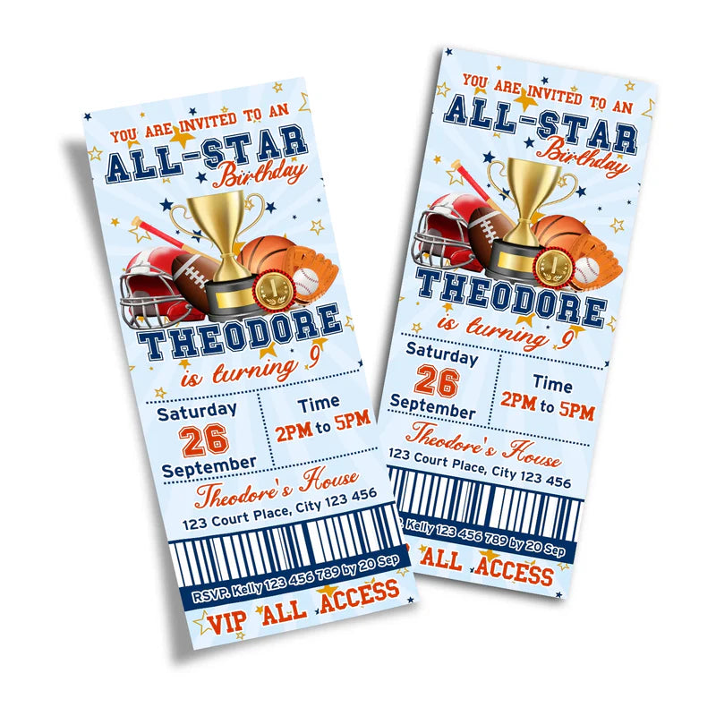 All Star Sports personalized birthday ticket invitations shaped like a stadium admission pass with red and blue stripes.