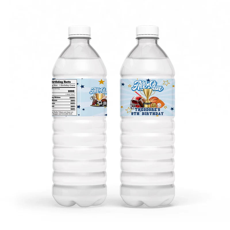 All Star Sports water bottle label wrap featuring blue stripes and waterproof texture on a plastic bottle flat lay mockup.