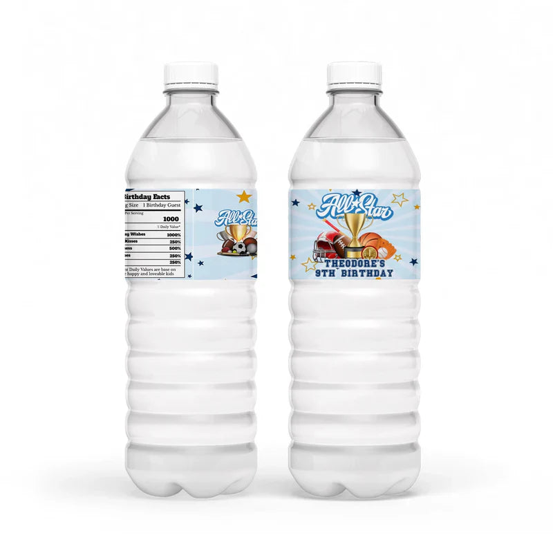 All Star Sports water bottle label wrap featuring blue stripes and waterproof texture on a plastic bottle flat lay mockup.