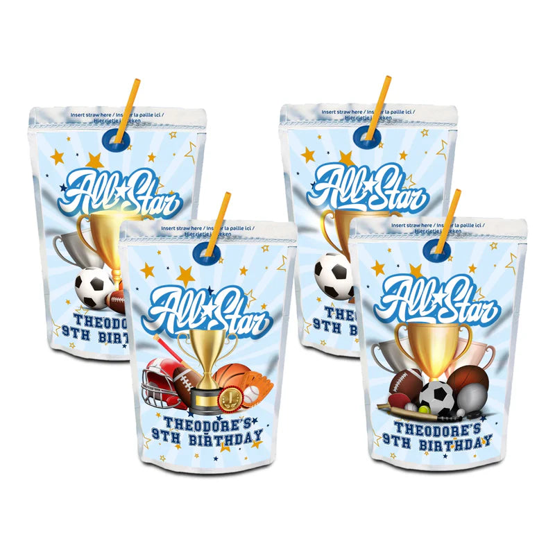 All Star Sports juice pouch label featuring a rectangle shape with custom name over a green grass field background pattern.