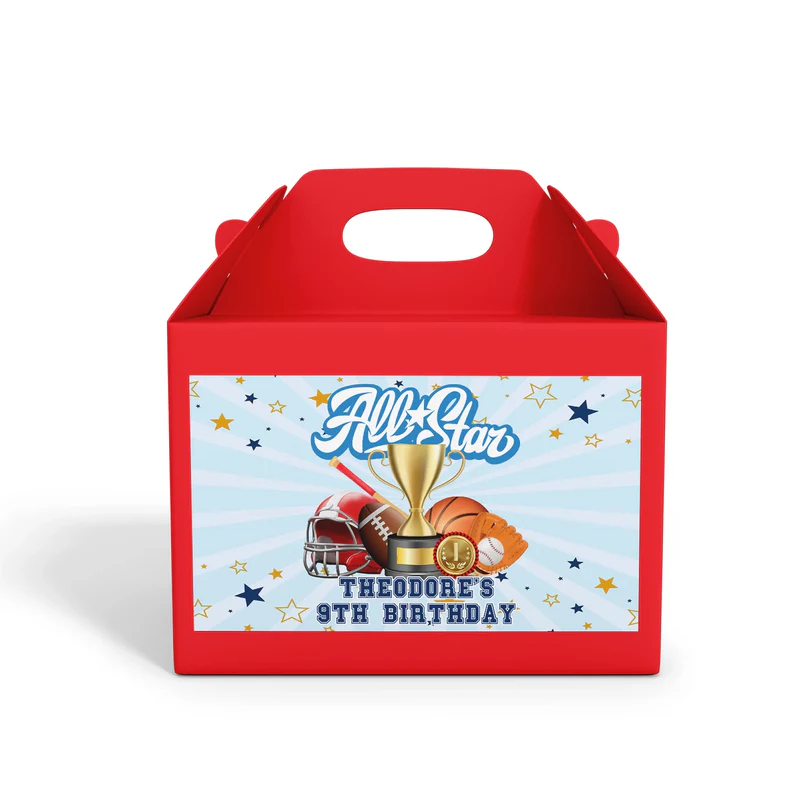 All Star Sports treat box label wrapped around a small paper gable box with vibrant red star and athletic font accents.
