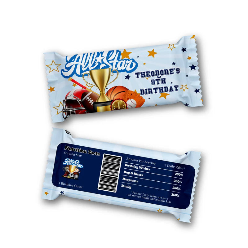 All Star Sports Rice Krispies treats label and candy bar label displaying matching red, white, and blue wrappers flat lay.