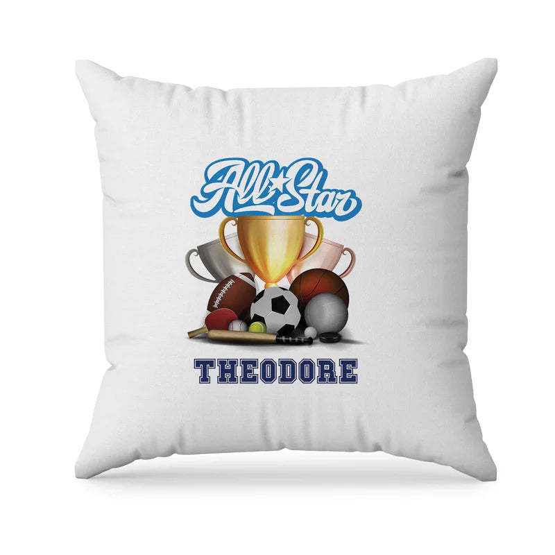 All Star Sports sublimation pillowcase showing a soft white square fabric cushion printed with a bold red star emblem.