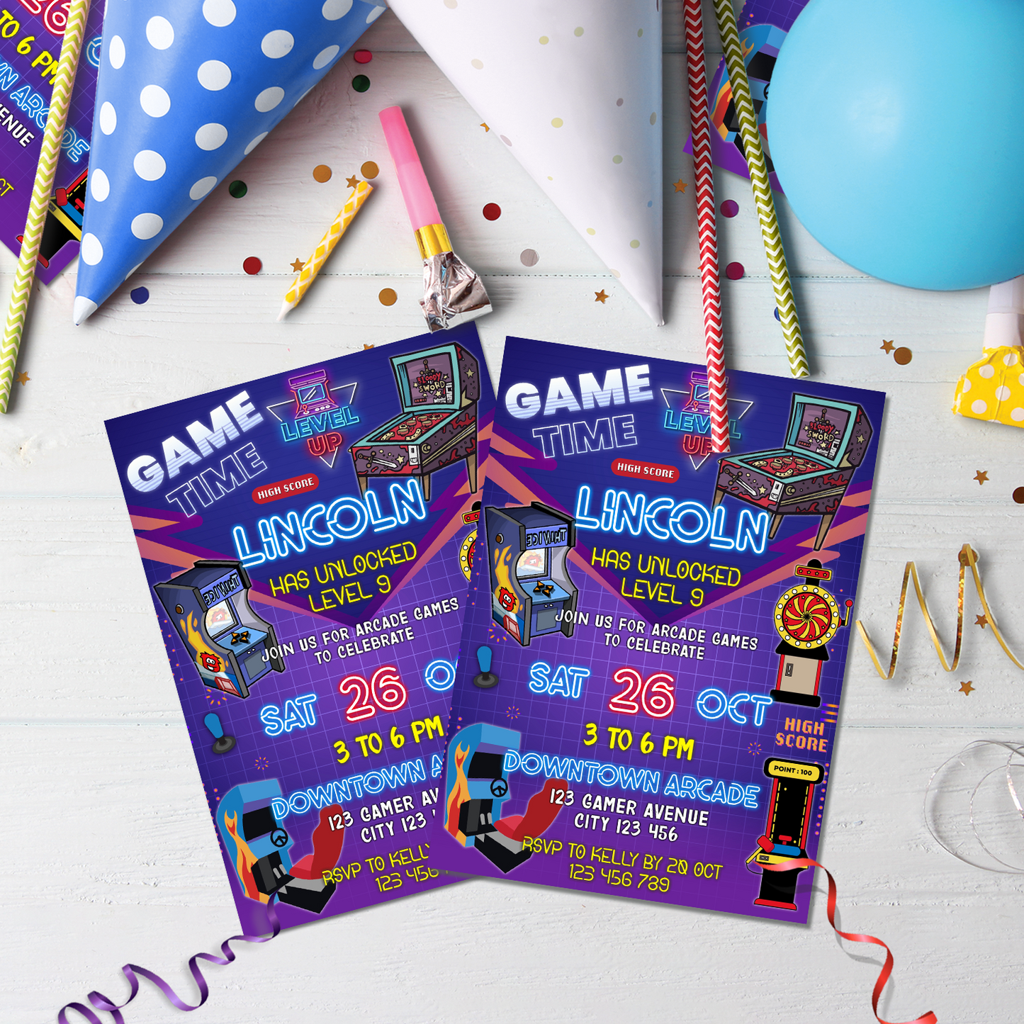 Arcade Birthday Decorations, Time Zone Party Supplies, Retro Games Themed, Video Games Digital Template, Editable Arcade Image SVG PNG