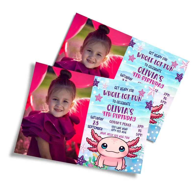 Axolotl photo invitations featuring custom name area with pastel underwater details, laid flat on white background