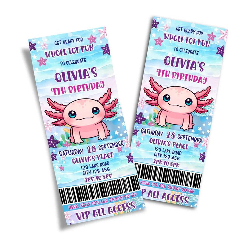 Axolotl ticket invitations in pink and teal design with underwater theme, perfect for kids’ birthdays, shown flat