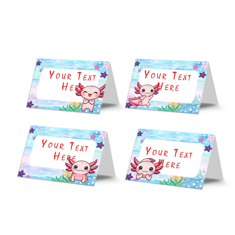 Axolotl food cards in pastel pink and aqua with cartoon axolotl, folded tent design on white tabletop