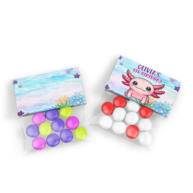 Axolotl treat bag topper label with pink axolotl design and wavy underwater border, shown flat on white surface