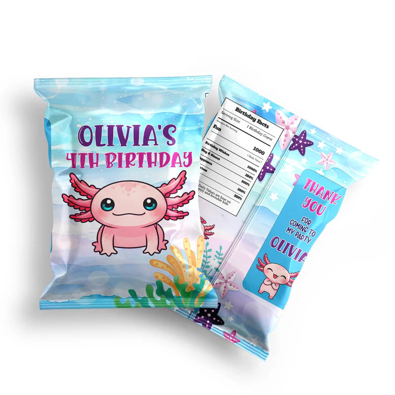 Axolotl chips bag label with colorful design featuring axolotl and sea plants, flat lay packaging view