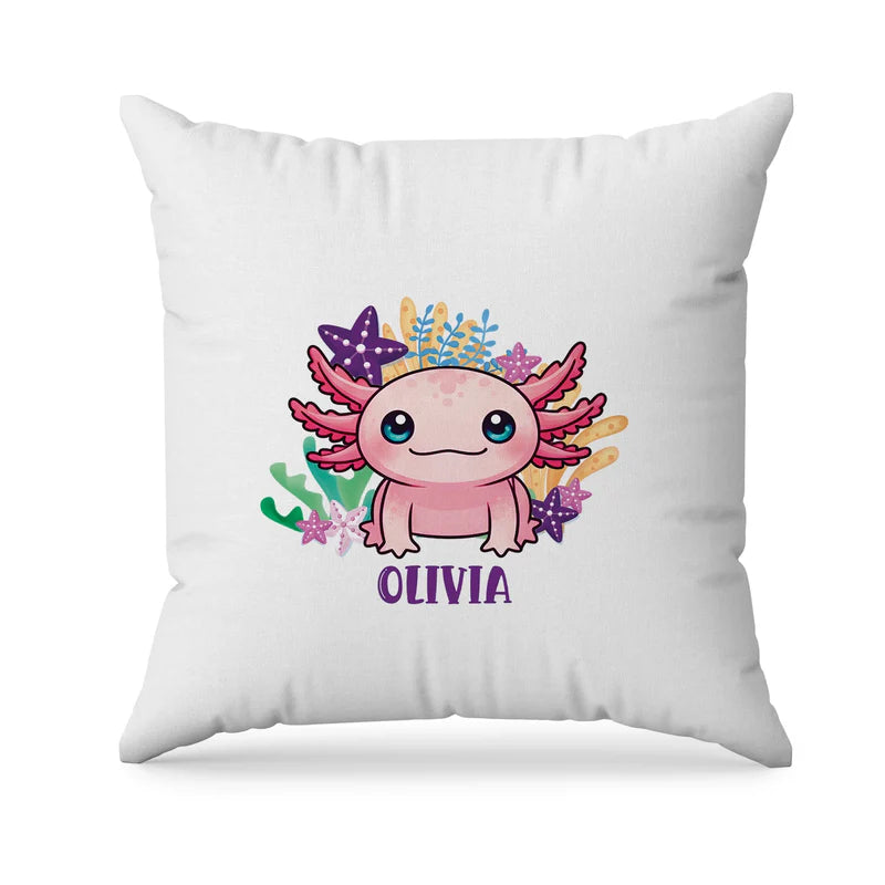 Axolotl pillowcase with pastel pink axolotl pattern on soft fabric, displayed folded on white bedding