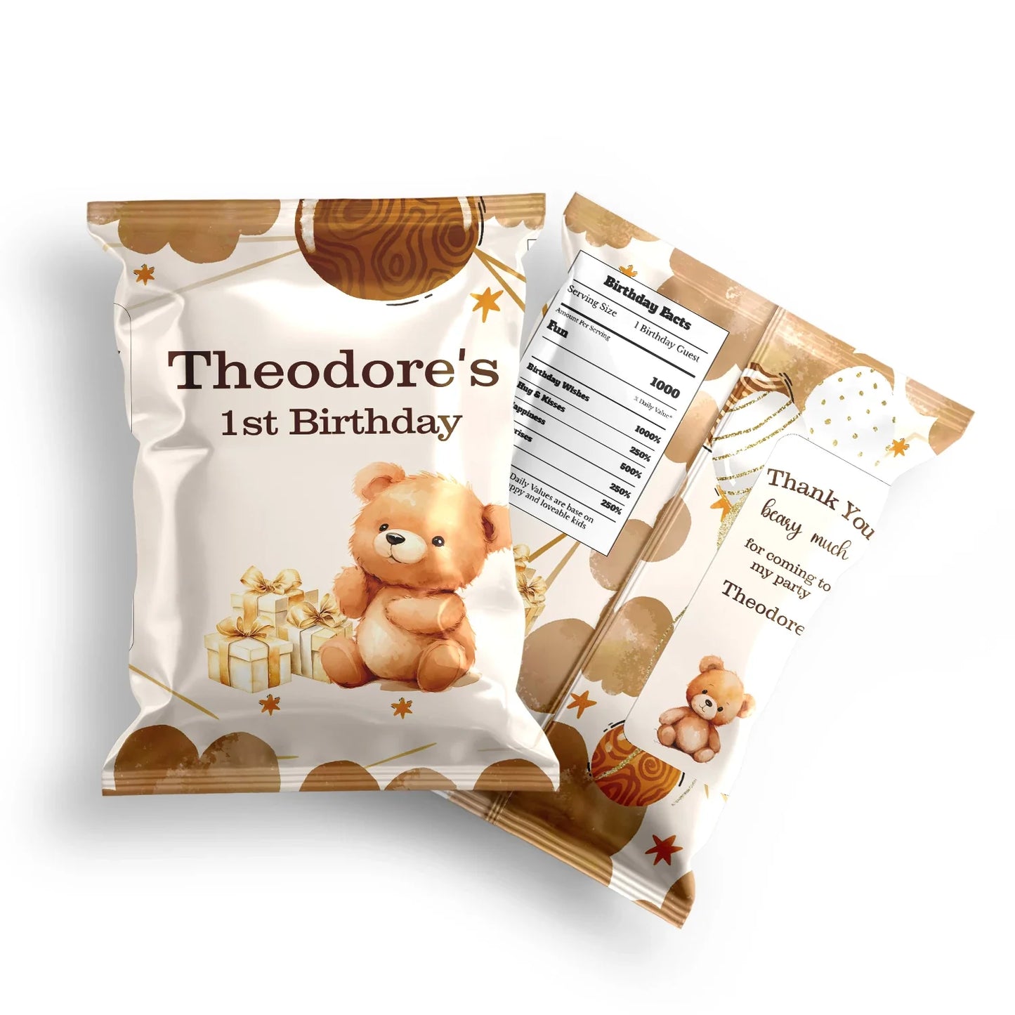 Bear chips bag label with cute teddy bear theme in beige and brown tones