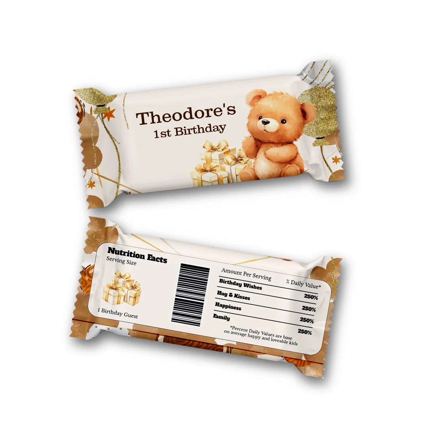 Bear Rice Krispies treats and candy bar labels with matching teddy bear theme in flat lay