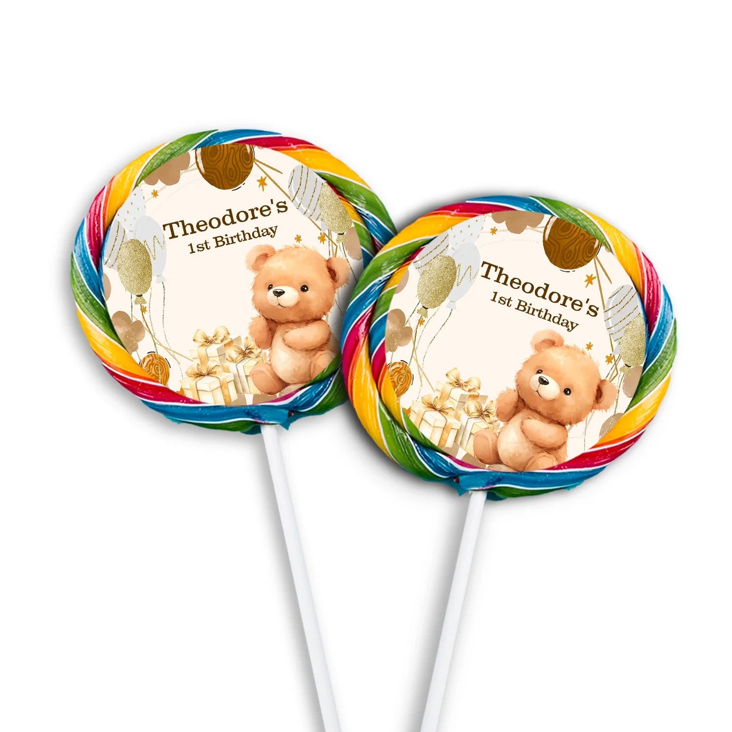 Bear lollipop label with cute teddy bear illustration in pastel colors
