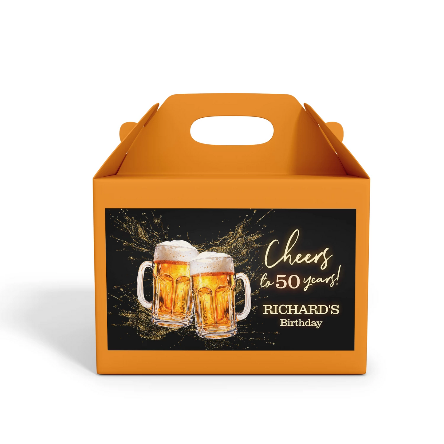 Beer adult birthday treat box label with beer mug graphics and party design, printable label displayed on white background