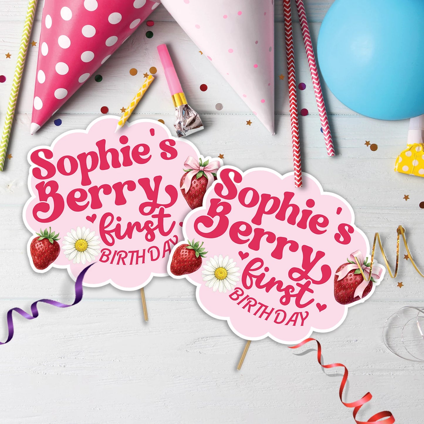 Strawberry Birthday Decorations, Girls Birthday Party Supplies, 1st Birthday Themed, Berry Digital Template, Editable Berry Strawberry Image SVG PNG