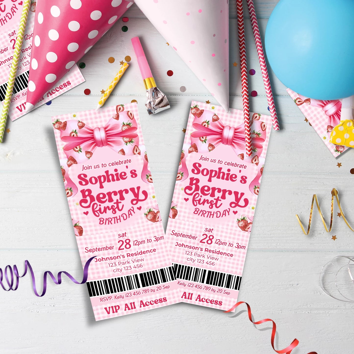 Strawberry Birthday Decorations, Girls Birthday Party Supplies, 1st Birthday Themed, Berry Digital Template, Editable Berry Strawberry Image SVG PNG