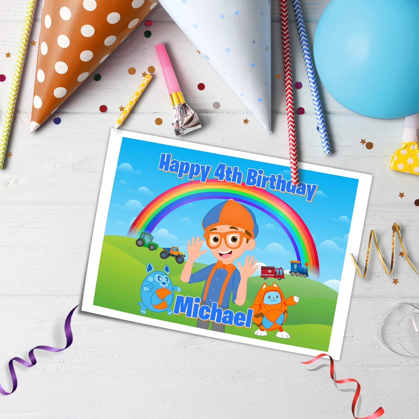 Blippi personalized icing sheet cake topper images for kids parties