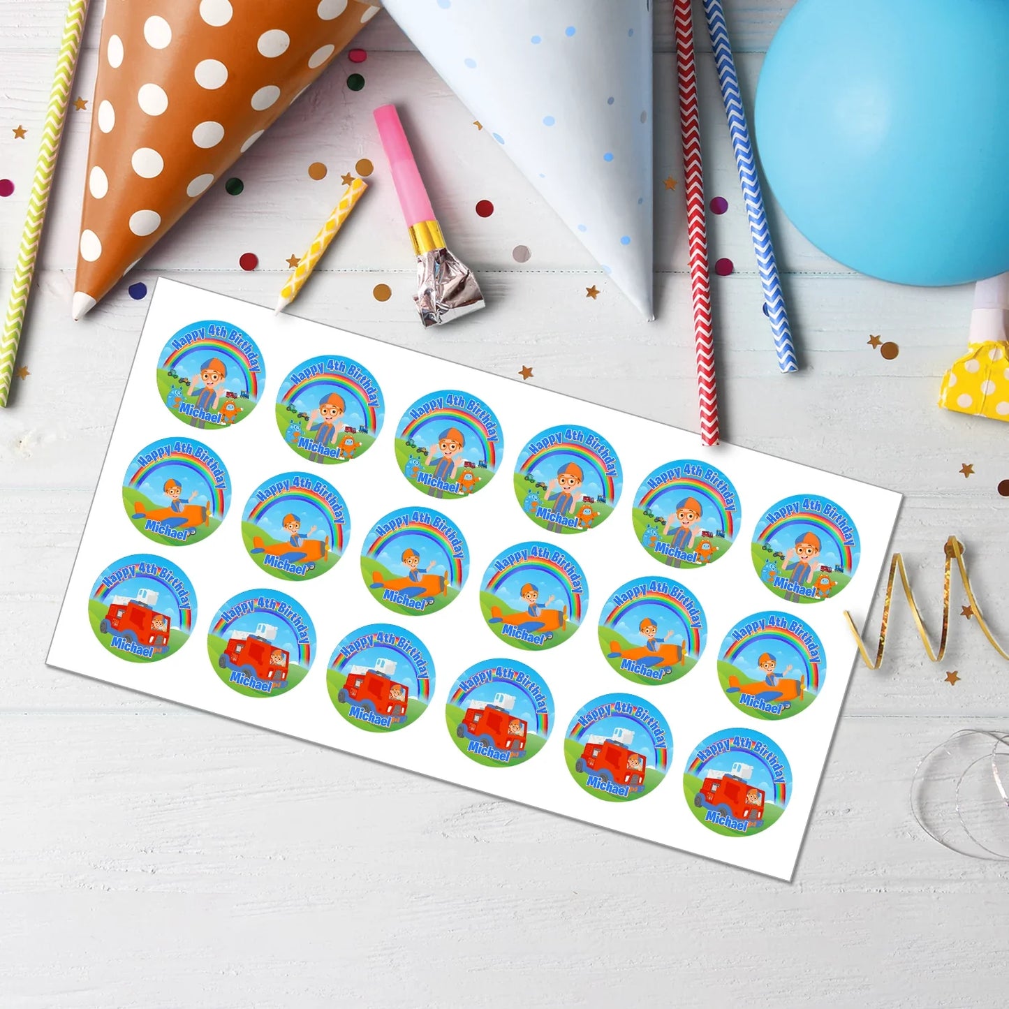 Blippi personalized cupcake toppers for birthday party desserts