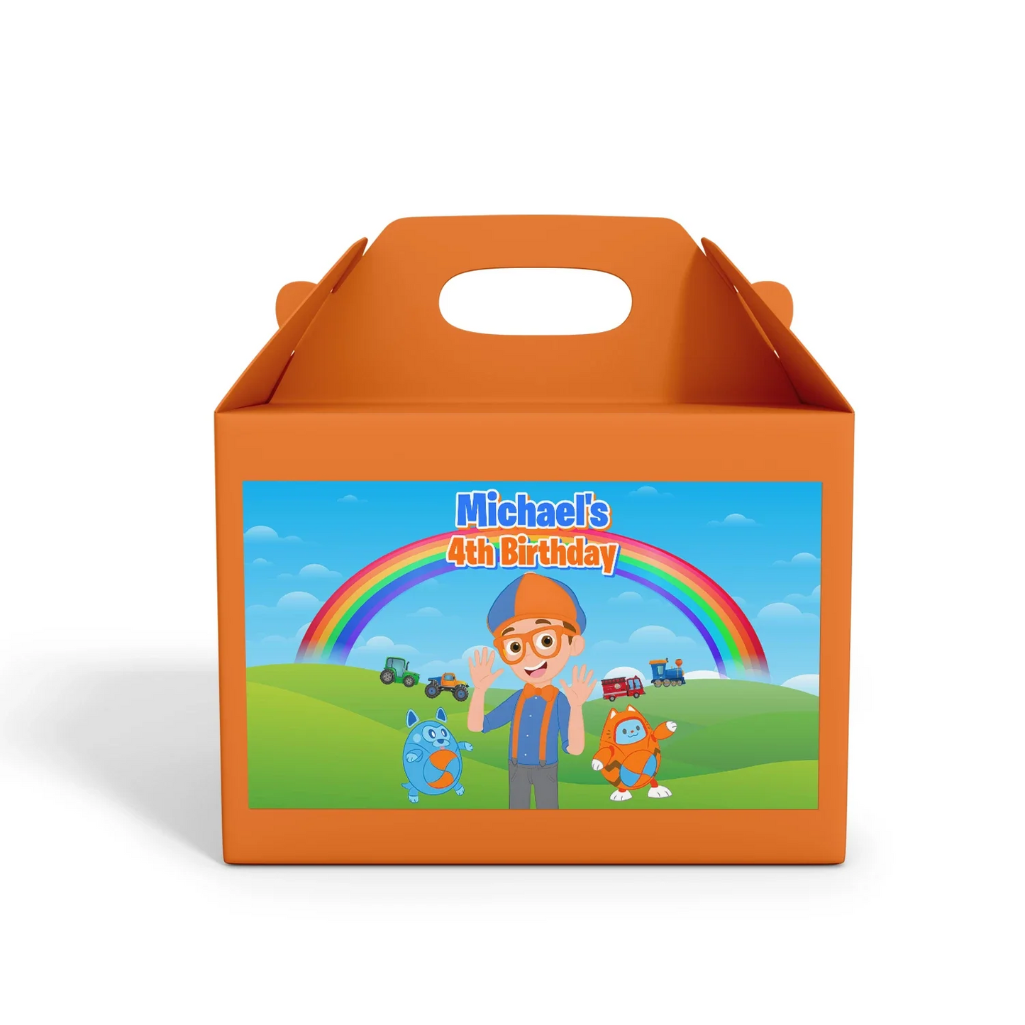 Blippi treat box label with colorful blue and orange theme, rectangular label shown on white background