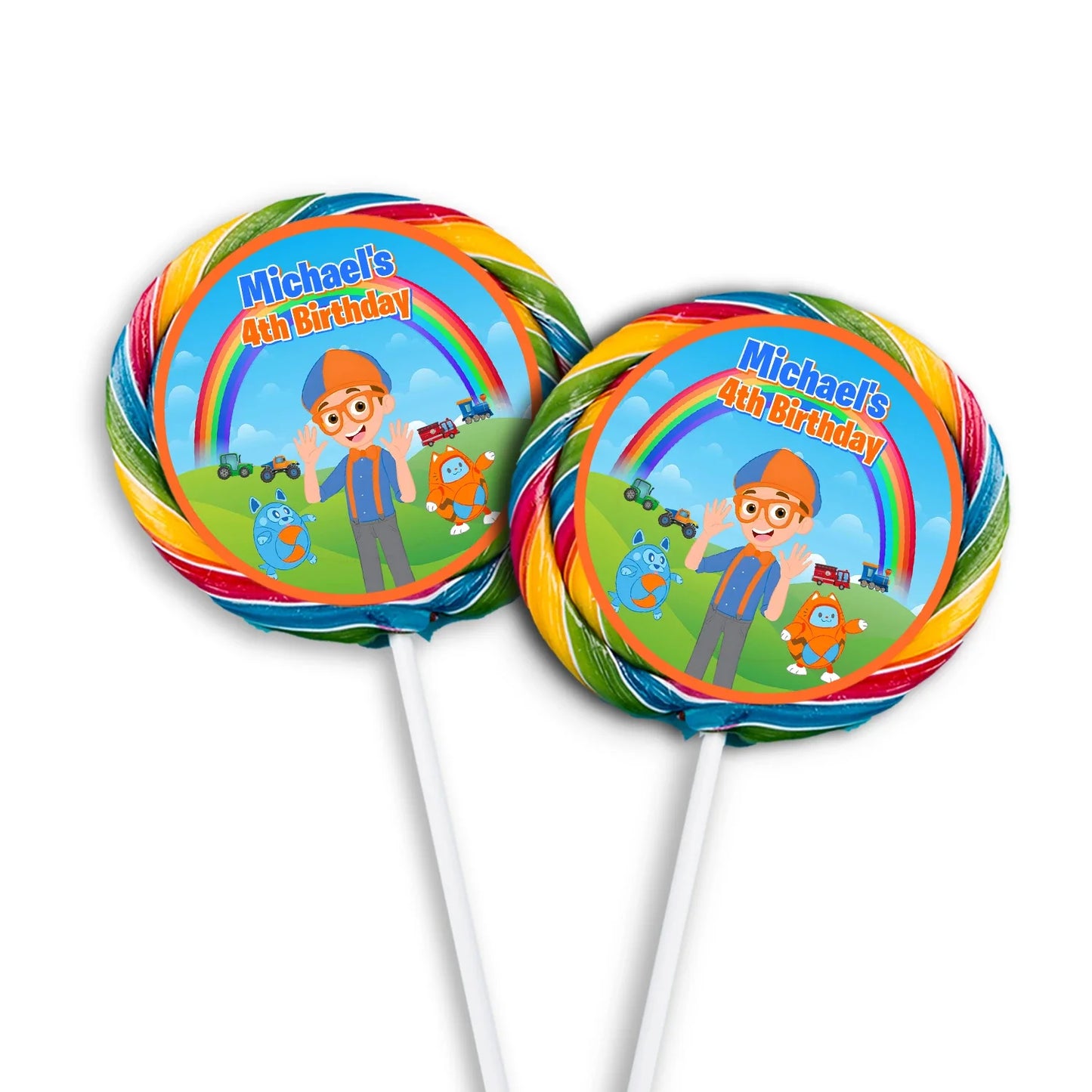 Blippi lollipop label with colorful blue and orange graphics, round sticker style label on white background
