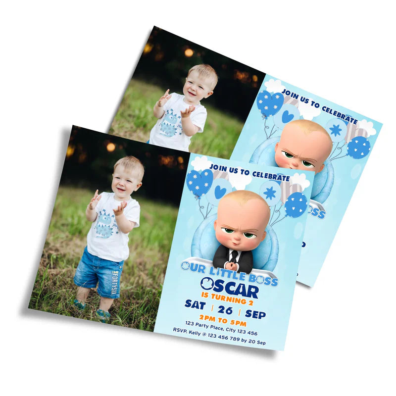 The Boss Baby photo card invitations featuring child photo and theme graphics laid flat with envelopes