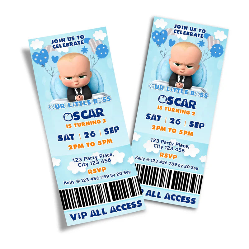 The Boss Baby birthday ticket invitations with barcode-style layout and event details printed on card