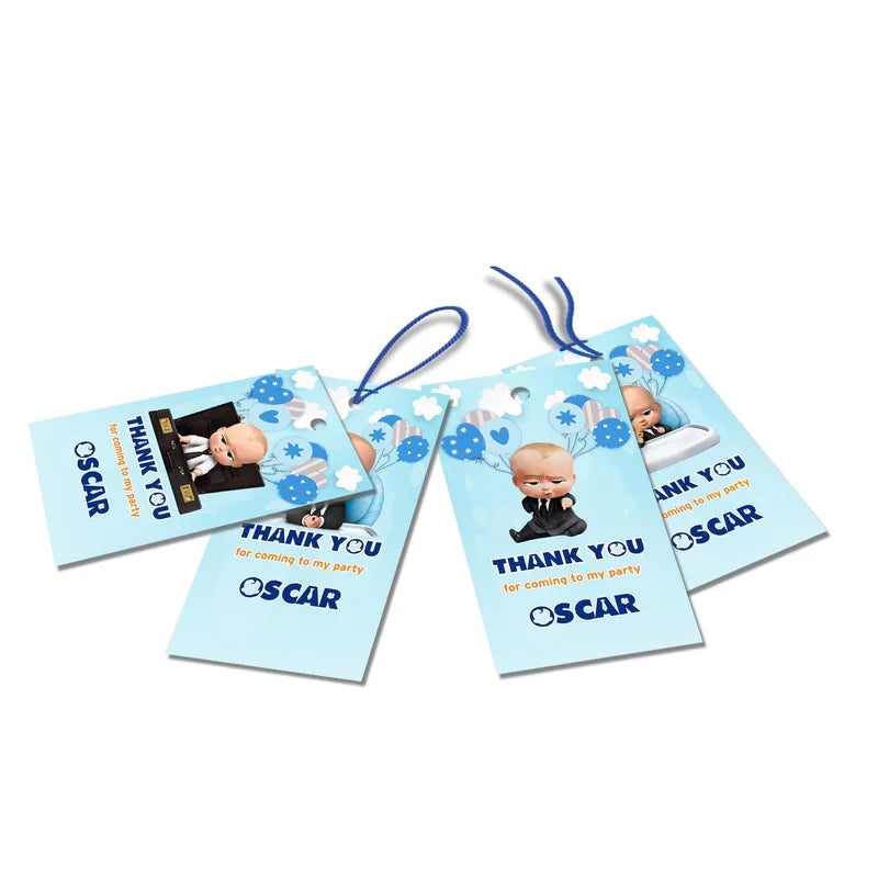 The Boss Baby thank you tags with personalized message and character artwork in blue tones flat lay view