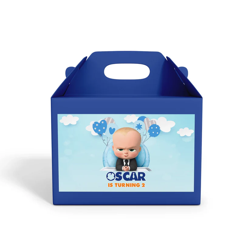 The Boss Baby treat box label with blue graphic design shown on front of small party favor box flat surface