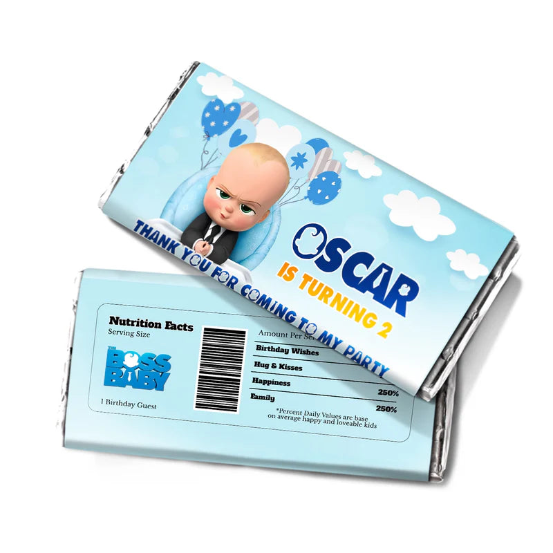 The Boss Baby chocolate label wrap with theme graphics fitted to chocolate bar on table with party items