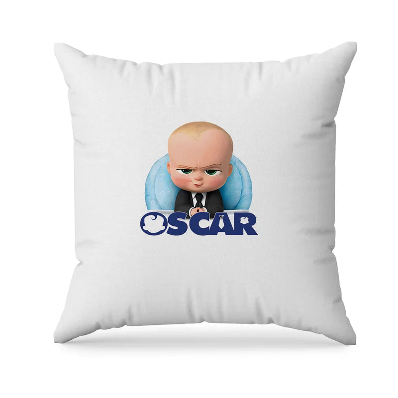 The Boss Baby sublimation pillowcase in soft fabric with custom name and character print laid on white bedding