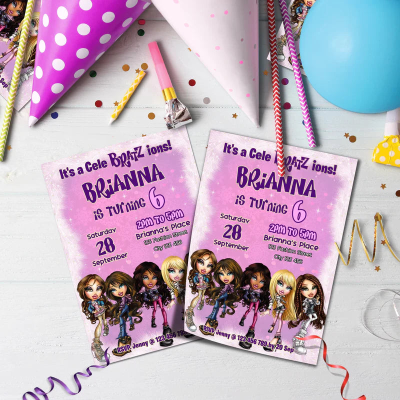 Bratz Birthday Decorations, Fashion Doll Party Supplies, Bratz Cloe Themed, Yasmin, Jade, Sasha Digital Template, Editable Bratz Image SVG PNG