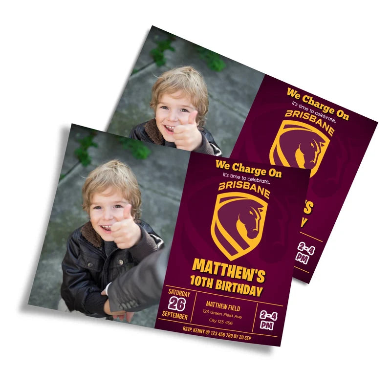 Brisbane Broncos photo card invitations featuring a custom picture frame layout on a clean studio background