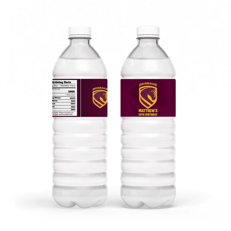 Brisbane Broncos water bottle label wrap showing a sports party theme layout on a clear plastic bottle
