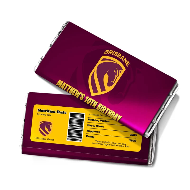 Brisbane Broncos chocolate label wrap featuring a candy bar packaging layout against a white surface