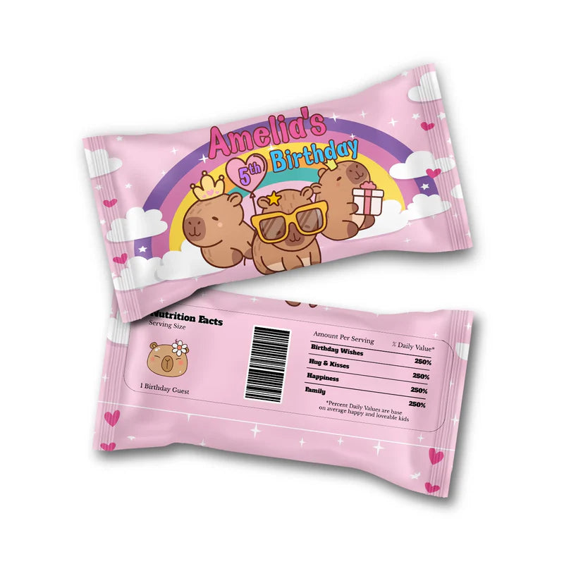 Capybara skittles label with personalized name and vibrant animal graphics for custom candy bag stickers