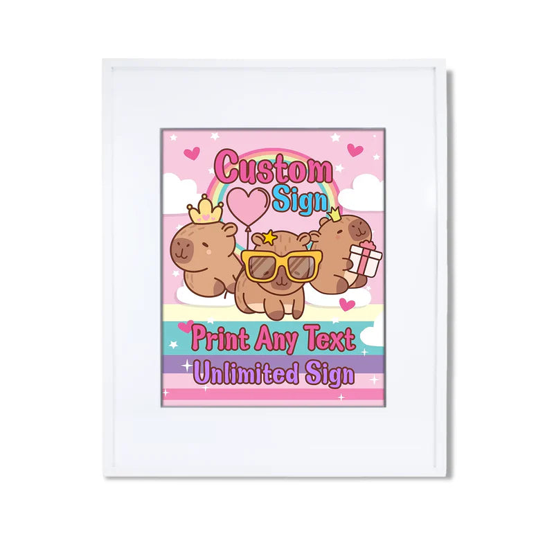 Capybara custom sign featuring a personalized message and large animal illustration for party wall decor