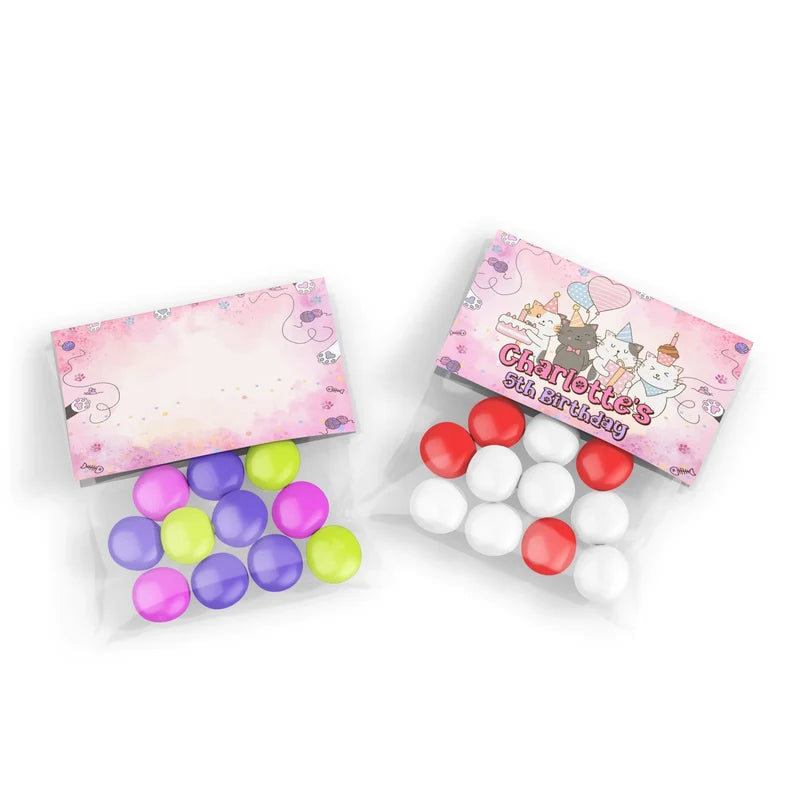 Cats & Kittens treat bag topper label showing a colorful folded paper design sealing a clear candy pouch