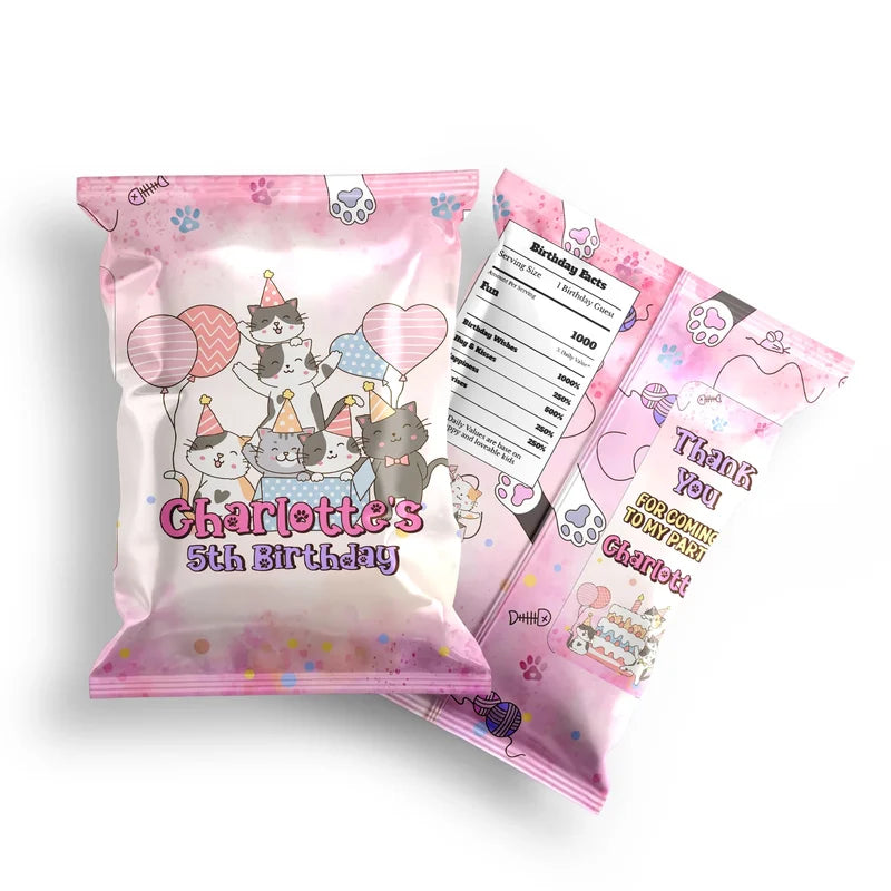 Cats & Kittens chips bag label mockup displaying a vibrant custom snack bag layout on a clean background