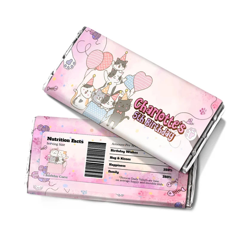 Cats & Kittens chocolate label wrap featuring a colorful candy bar packaging layout against a white surface