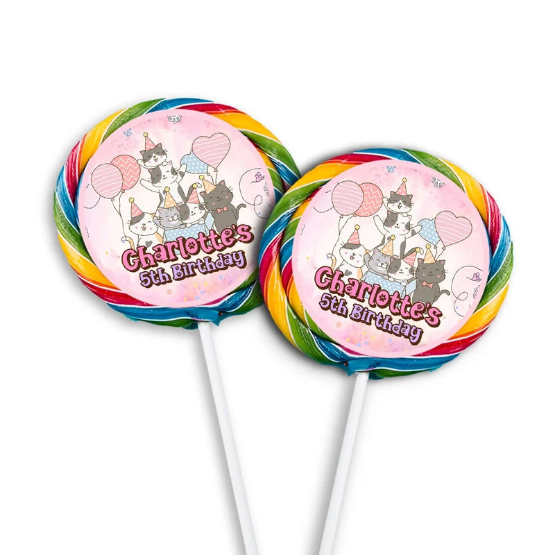 Cats & Kittens lollipop label mockup featuring a colorful round sticker design attached to a clear wrapper