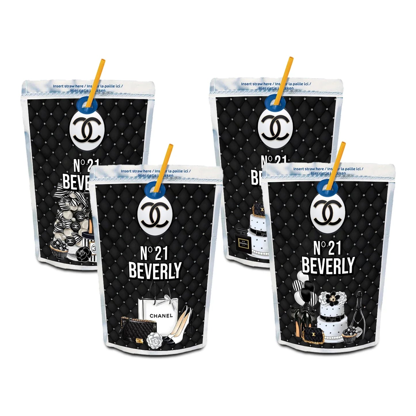 Chanel inspired juice pouch label with chic black and white design on white background
