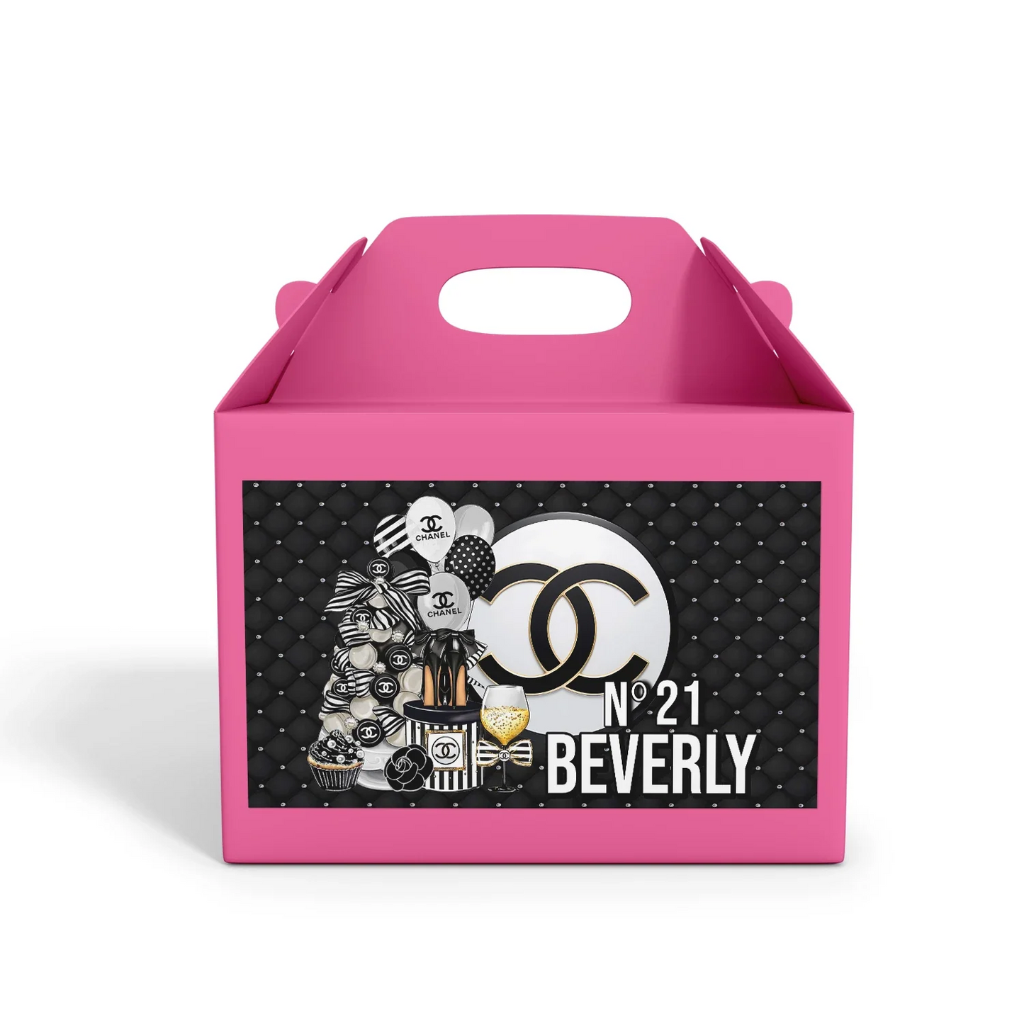 Chanel inspired treat box label with elegant black, white, and gold accents on white background