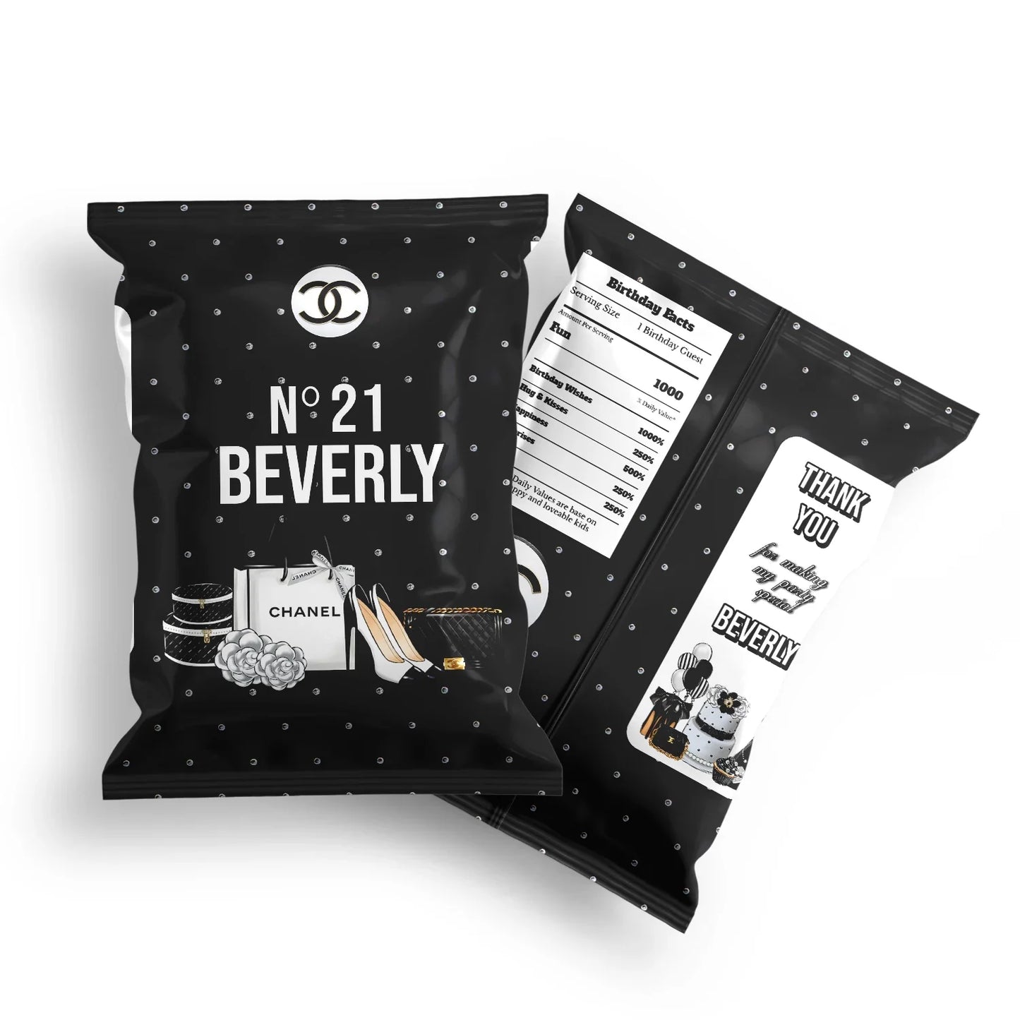 Chanel inspired chips bag label with minimalist black and white fashion theme