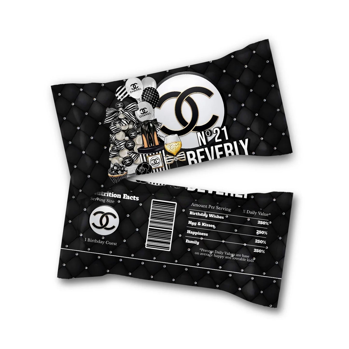 Chanel inspired Skittles label with elegant black and white luxury style
