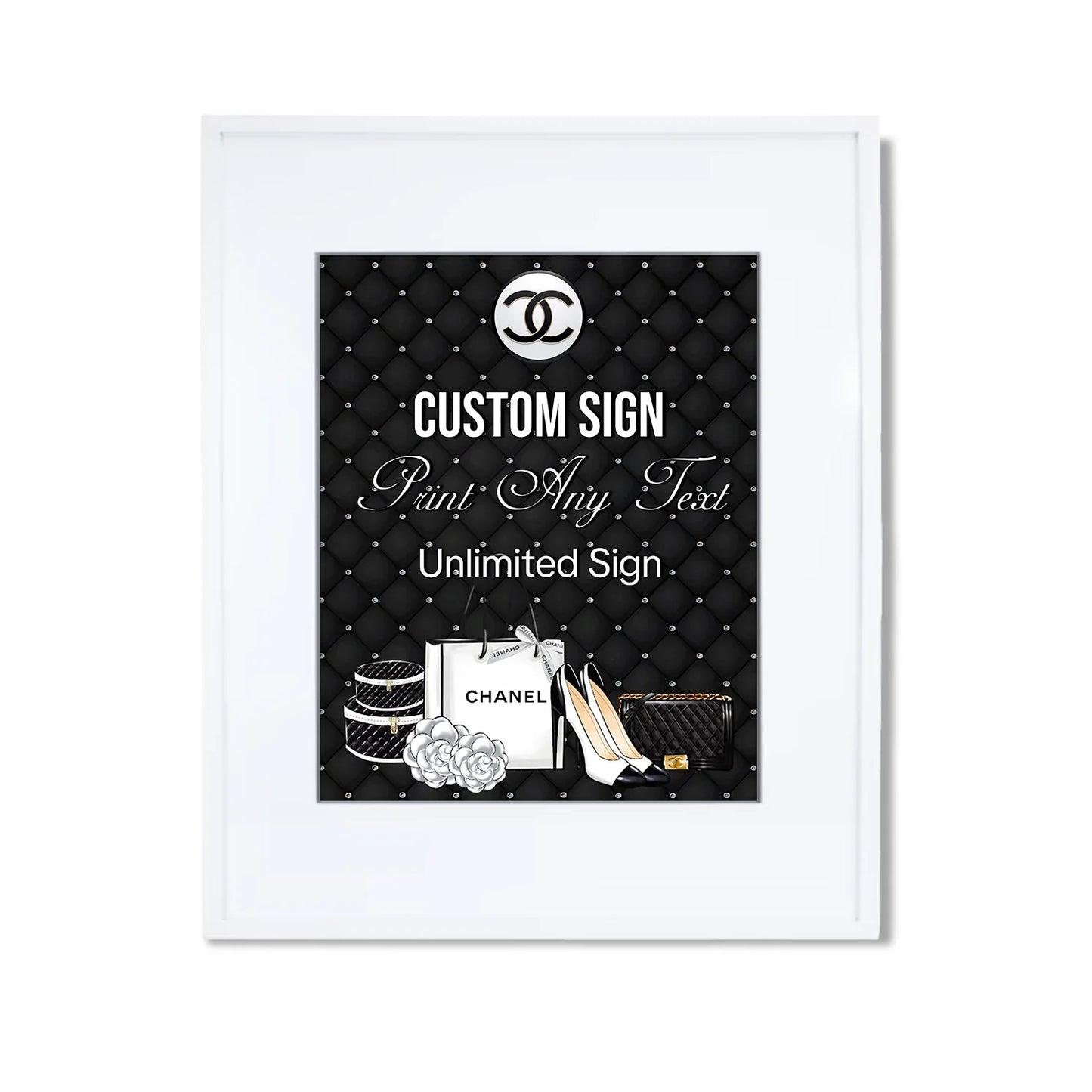 Chanel inspired custom sign with bold black and white fashion-inspired layout
