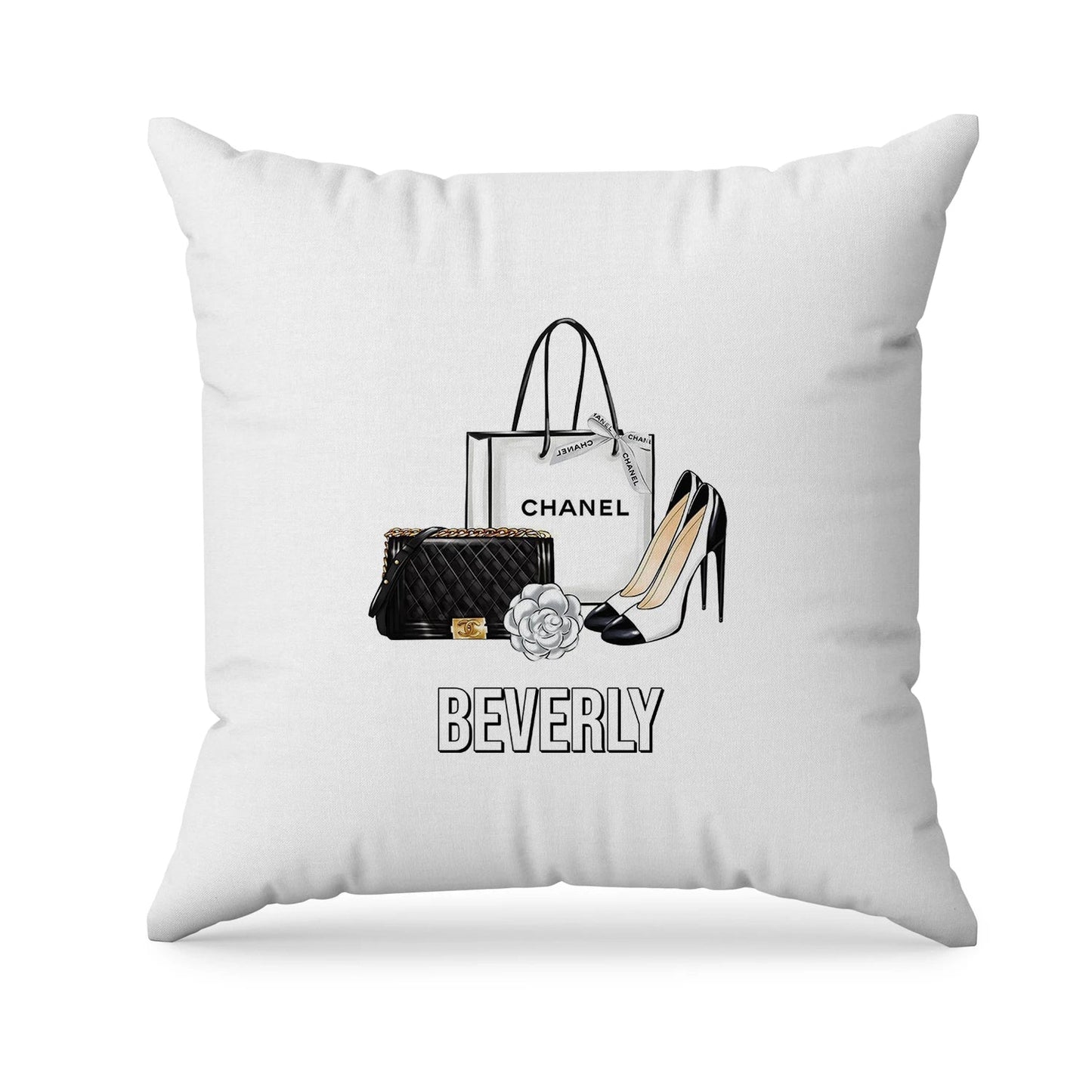 Chanel inspired sublimation pillowcase with elegant black and white fashion-inspired pattern