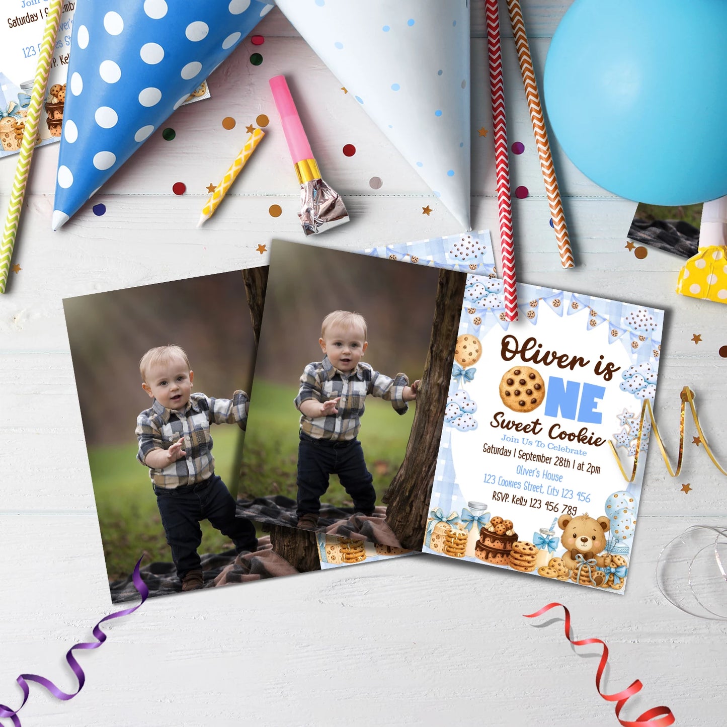 Cookies & Milk Birthday Decorations, Cookies & Bear Party Supplies, Baby Boy Birthday Themed, 1st Birthday Digital Template, Editable Cookies and Milk Image SVG PNG