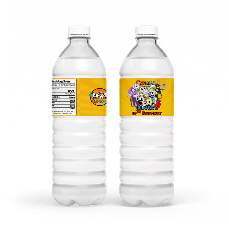 CUPHEAD water bottle label with vintage cartoon pattern and bold tones, wrap label displayed on white background